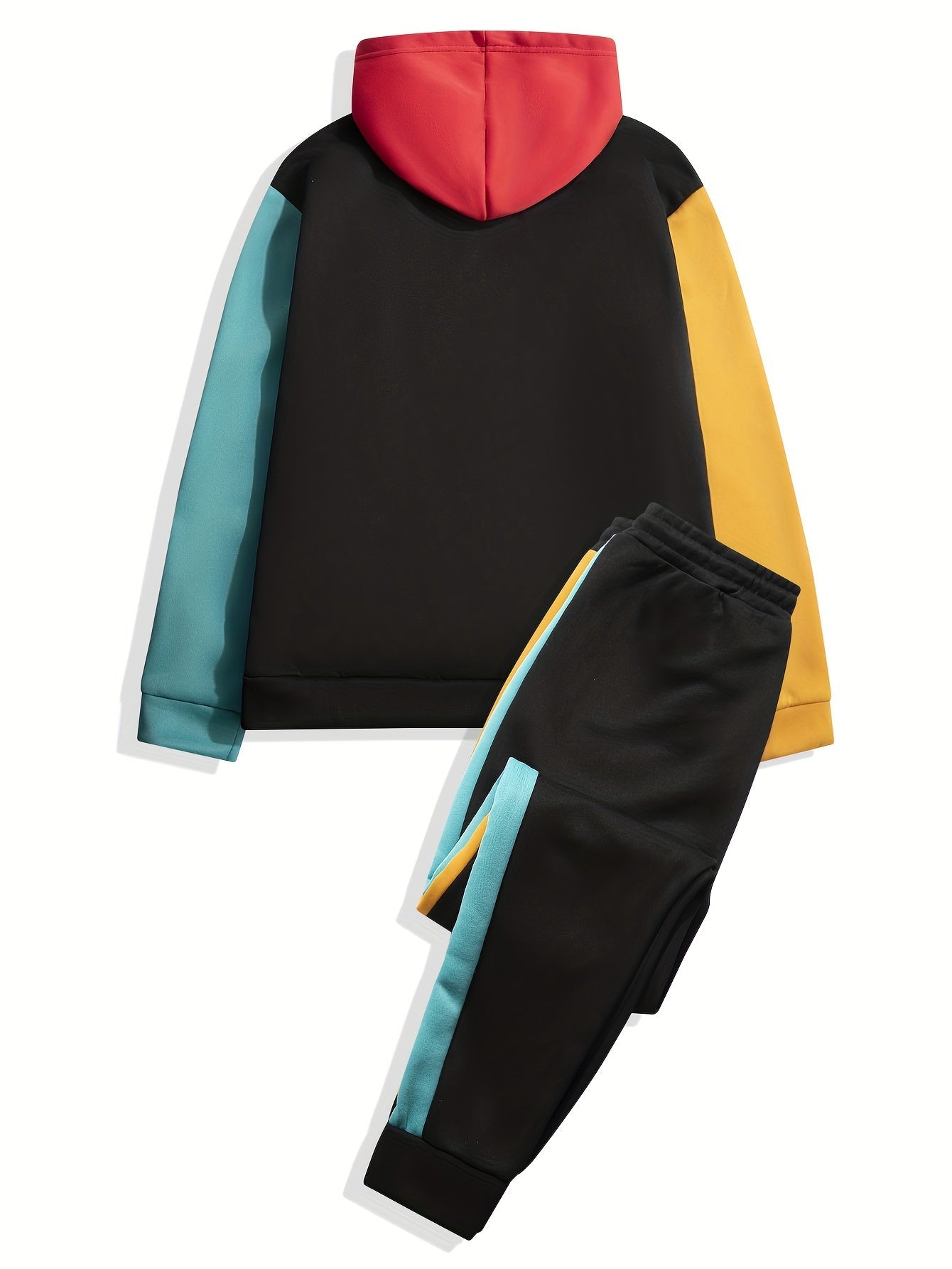 Color Block Suit Drawstring Pocket Hoodie Set